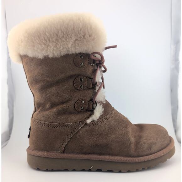 UGG Australia Sophy Leather Boots Girls US Size 4 Brown Chestnut Winter Fall - Picture 2 of 11